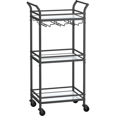 Chariot à 3 Niveaux, Étagère de Cuisine, avec roulettes, Poignée, Verre Réfléchissant, Desserte pour Petit Espace, Cuisine, Salle à Manger, Salle de Bain, Salon, Bar, Noir (1/5)