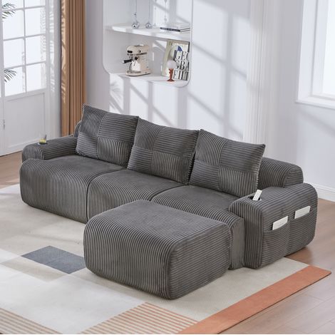 REDOM - Sofá modular 3 plazas, portavasos, bolsillo lateral, pana gris oscuro (1/5)