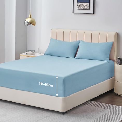 Drap Housse 160x200 Grand Bonnet 40 cm Drap Housse 2 Personnes 160 x 200 Grand Bonnet 40 cm Matelas en Microfibre avec Élastique Tout Autour, Hellblau (1/5)