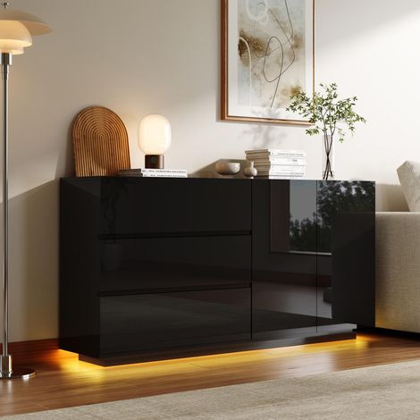 Buffet 160x35x76 cm avec 3 tiroirs, 2 portes et éclairage LED Moderne - MDF - Noir (1/5)