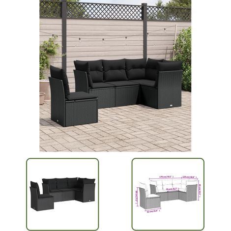 The Living Store Salon de jardin 5 pcs avec coussins noir résine tressée - Ensemble Salon De Jardin - Mobilier De Jardin - Salon Extérieur - Résine Tressée - Rotin Synthétique (1/3)