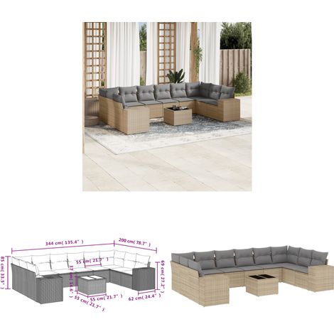 11-tlg. Garten-Sofagarnitur mit Kissen Beige Poly Rattan - Gartenmöbel - Esstischgarnituren - Outdoor Möbel - Lounge Set - Rattan Gartenmöbel - Home & Living