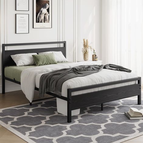 Letto matrimoniale 120x200 cm, struttura in metallo con rete a doghe, contenitore sottoletto, MDF, nero (1/5)