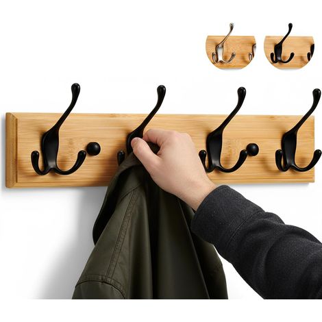 Porte-Manteau Mural Bois - 4 Crochets Noir - 42 cm Patère Murale (1/5)