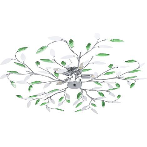 Lámpara de techo brazos cristal forma hoja 5 bombillas verde