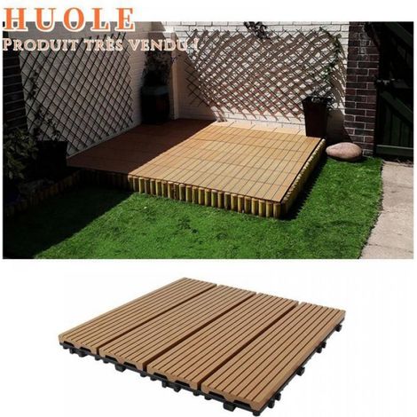 - 11 dalles de terrasse en bois démontables de 30 x 30 cm, dalles d'assemblage DIY pour balcon, abricot. (1/4)