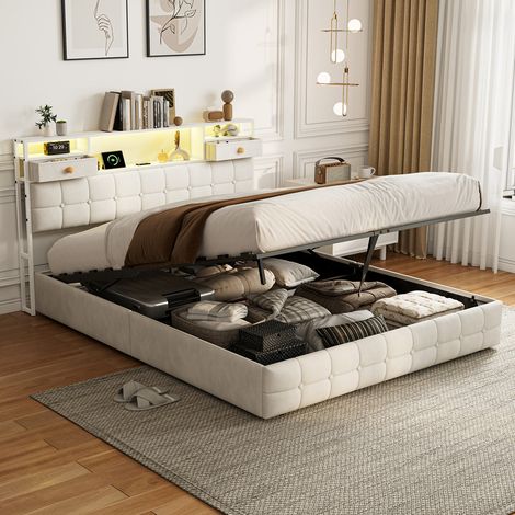 Lit coffre 140x200,lit hydraulique avec LED et USB,Cadre de Lit avec Sommier à Latte et Tête de Lit Capitonnée Sommier avec Rangement,velours beige