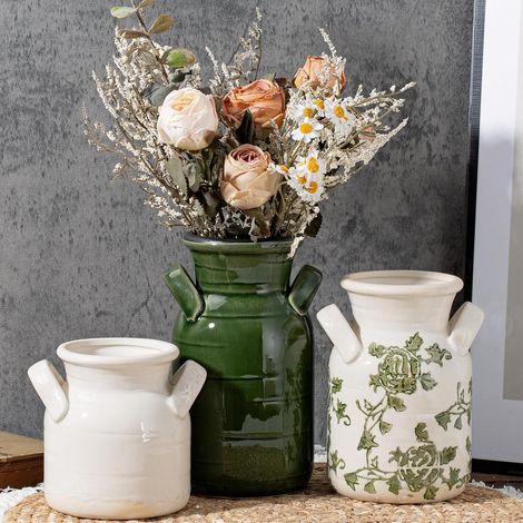 Lot de 3 vases en céramique avec deux poignées, vert blanc, neutre, rustique, moderne, décoration bohème, polyvalents comme pièce centrale de table ou manteau et étagère (1/5)