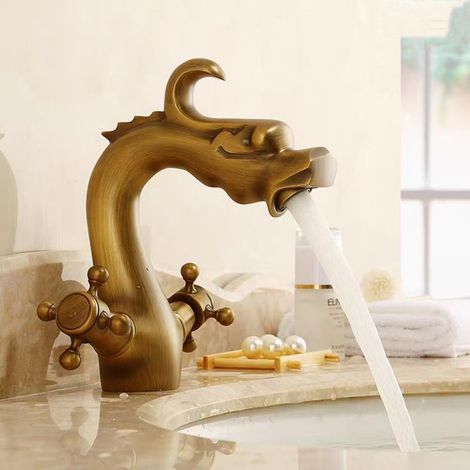 Modèle haut 19,5 cm tête de dragon – Double commande, finition bronze – Robinet ancien pour salle de bain élégante (1/5)