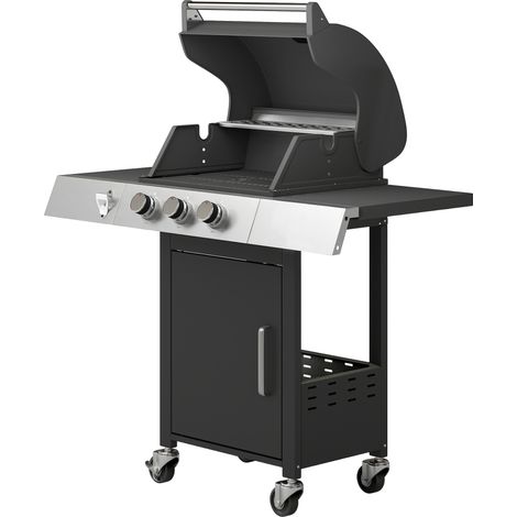 Barbecue à gaz 3 brûleurs 8,1 kW avec thermomètre, grilles, tablettes latérales, table de rangement et roulettes 109 x 50 x 109 cm Noir