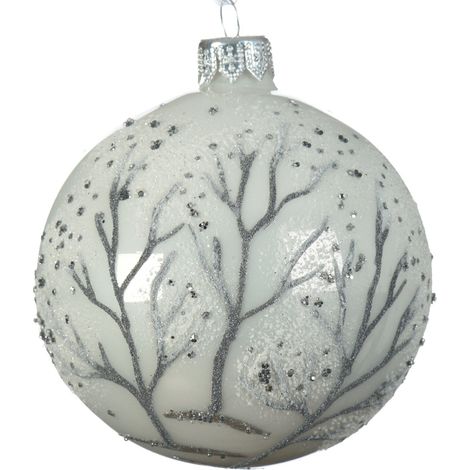Palline per albero di Natale in vetro color Bianco Inverno con 3 alberi da 8 cm, confezione da 6 pezzi