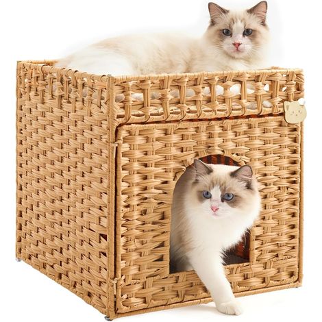 Cat Litter Box Furniture Rattan Woven Cat Litter Tray with Mat and Fence Hidden Design, 47 x 50 x 48 cm, Natural (1/5)