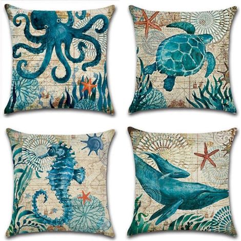 Housse de coussin décorative carrée style méditerranéen, thème marin, en coton et lin, pour coussins de 45 x 45 cm (lot de 4), motif nautique (1/5)