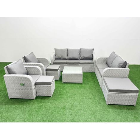Fimous PE Rattan Garden Furniture Set Adjustable Chair Sofa Double Love Seat 2 Seater Sofa Lounge Set Square Coffee Table 3 Stools Light Grey (1/4)