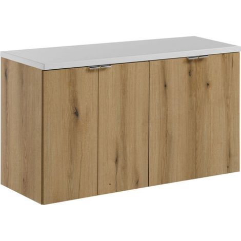 Set bagno sospeso VANO effetto rovere e bianco 100cm: mobili sotto lavabo con armadietti + piano per lavabo