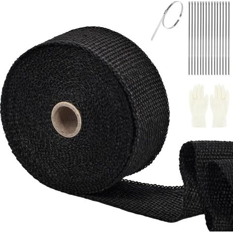 Bande Thermique, 15M50MM Echappement Ruban Isolant Collecteur, Isolant Thermique Bande avec 10Attaches en Serrage Inoxydable, Pour Collecteur de Moto et Pot d’échappement (Noir) (1/4)