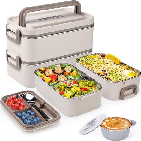 Diese doppelwandige 2-Liter-Lunchbox aus Edelstahl ist isoliert und auslaufsicher und wird mit Besteck und einer Suppenschüssel geliefert. Sie eignet sich für die Arbeit, die Schule und Outdoor-Aktivi