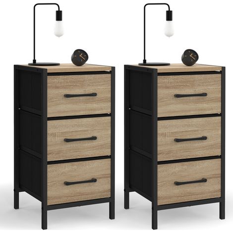 Idmarket – Lot de 2 tables de chevet UTAH 3 tiroirs – Structure métallique – Dimensions 30x30x60cm – Style industriel bois et noir (1/5)