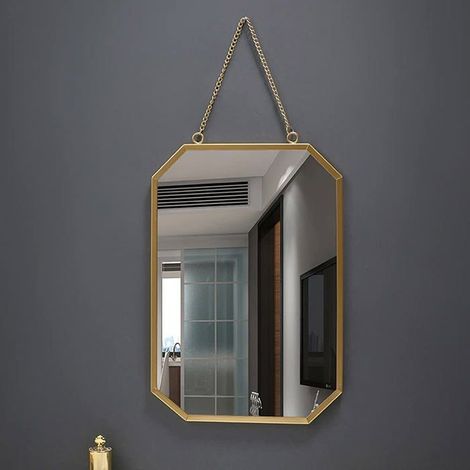 Miroir de salle de bain octogonal en métal doré, 27 × 18 cm – fixation murale, verre HD, chaîne robuste (1/3)