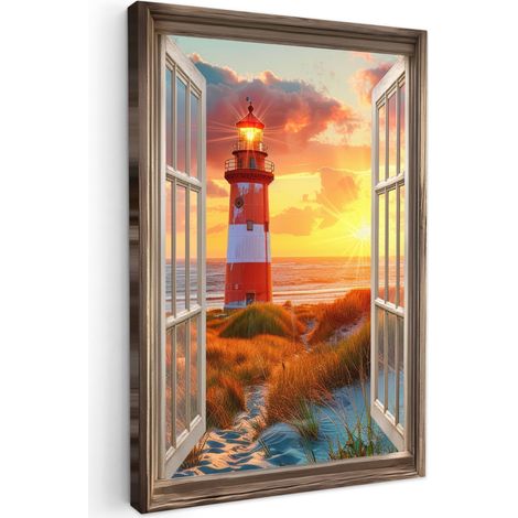CUADRO EN LIENZO Vista - Ventana - Faro - Puesta de sol - Playa Lienzo Para Dormitorios 60x90 cm
