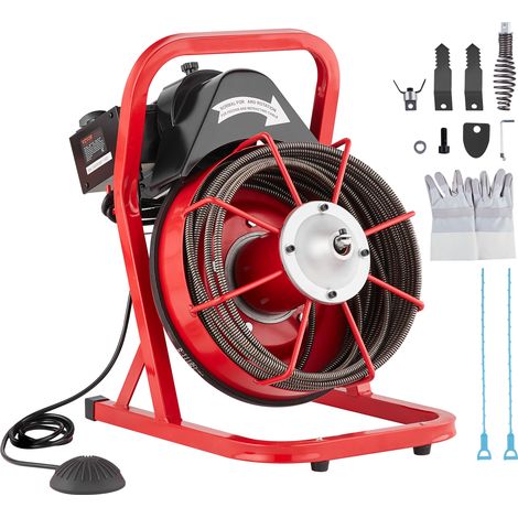 VEVOR Machine de nettoyage de drain 50FT x 3/8 pouces, tariere deegout a alimentation manuelle, machine de nettoyage de drain electrique 250W avec 4 coupeurs et interrupteur a pedale active par lair p