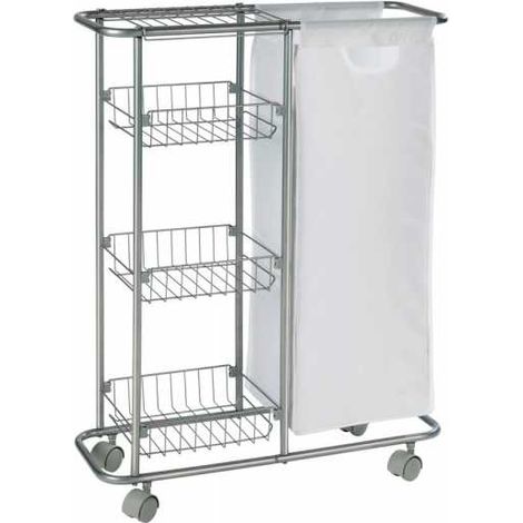 WENKO Carrello stretto Slim su ruote, carrello per la pulizia, ripostiglio con 3 cestini, metallo - plastica, 58x80x20 cm, grigio (1/10)