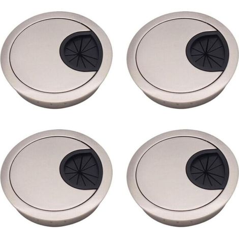Jeu de 4 cache-trous pour câbles, 60 mm Alliage de zinc Cache-trous circulaires encastrés pour câbles Cache-trous pour câbles pour bureaux et établis Finition argent brossé (1/4)