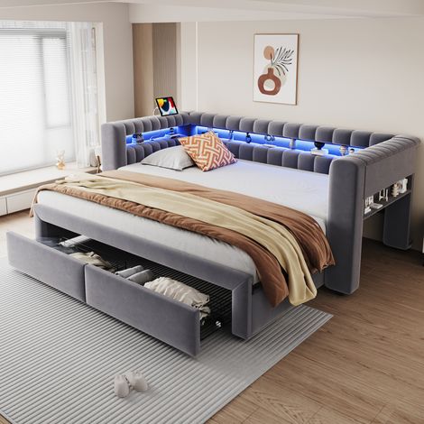 Ausziehbett 90/180 x 190 cm in Grau aus Samt mit Stauraum, LED und USB (1/5)