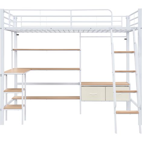 Lit en fer mezzanine, avec deux boîtes de rangement en tissu, bureau et étagère de rangement, escalier incliné à quatre marches, fer + MDF, blanc+naturel, 90x200 cm