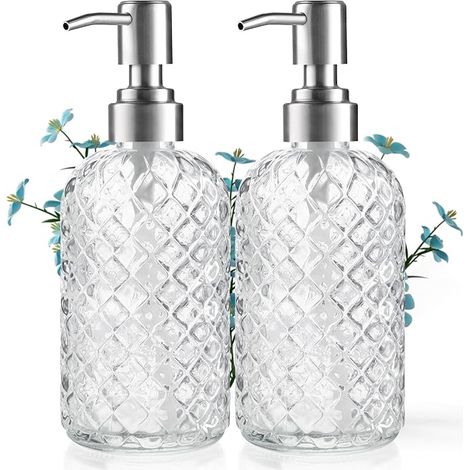 Confezione da due dispenser in vetro ricaricabili da 14 oz (circa 396,9 g) con pompa in acciaio inox antiruggine, per l'erogazione di sapone liquido per le mani. (1/5)