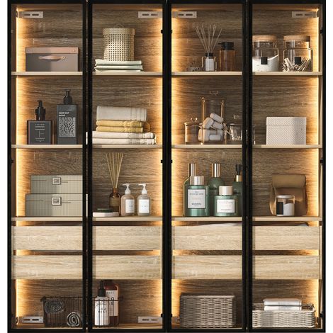 CHICFURN Mobile da bagno 74x36x155 cm in MDF naturale con LED, set di 2, ante in vetro (1/5)
