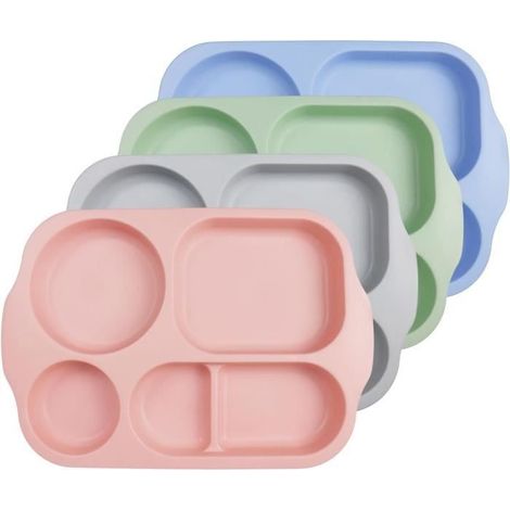 Assiettes 5 Compartiments pour Les Adultes et Enfants, Lot de 4 Assiette Plastique Reutilisable et Incassables,sans BPA,Passe au (1/4)