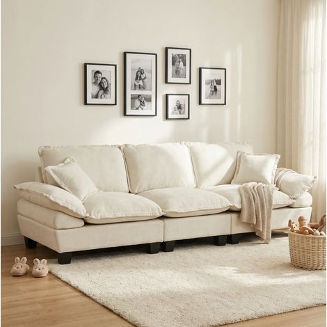 Canapé 3 posti in chenille beige 263x82x90 cm con braccioli curvi rimovibili (1/5)