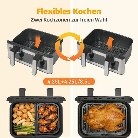 Friteuse à air chaud 8,5 L double/simple bac, 12 modes de cuisson, hublot de visualisation, 2 compartiments, écran tactile, chaleur jusqu'à 200 °C (1/5)