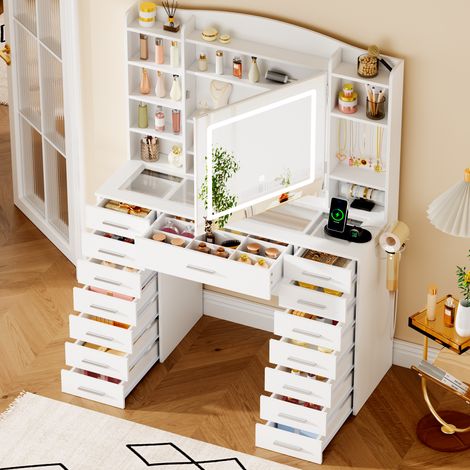 Coiffeuse Grande avec Miroir , LED Réglable, Prise et Port USB, 15 Tiroirs, 105X40X140cm,Blanc