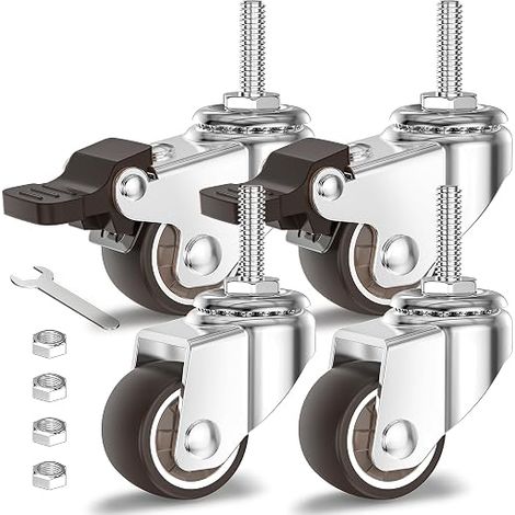 Ruedas para muebles de 4 x 25 mm con freno, vástago roscado M8-1.25 x 20 mm, ruedas giratorias - ruedas bloqueables para cargas pesadas - capacidad total 40kg (2 con freno y 2 libres) (1/5)