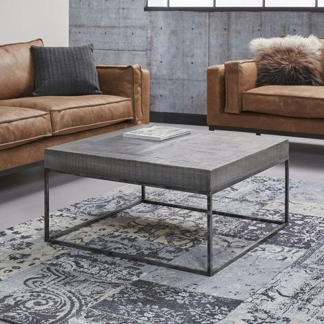 Table basse grise bois massif 80 cm LUCKNOW (1/4)