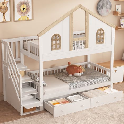 Letto a castello 90x200 cm in legno bianco/naturale con contenitore per bambini (1/5)