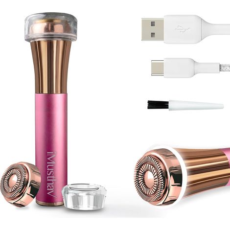 Rasoir et tondeuse visage pour femme - Tête 20 mm plaquée or 18 carats, rechargeable USB, doux pour la peau, LED (Rose) (1/5)