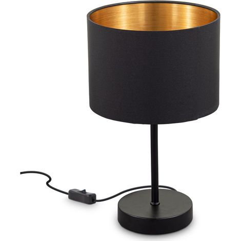 B.K.Licht lampe de table, abat-jour en tissu noir-or, douille E27, Ø 20cm, interrupteur câble, câble de 140cm, livrée sans ampoule, lampe de chevet
