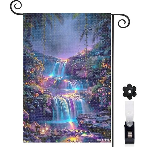 Drapeau de jardin paysage nocturne et cascade lumineuse 30 x 45 cm décoration terrasse et extérieur (1/4)