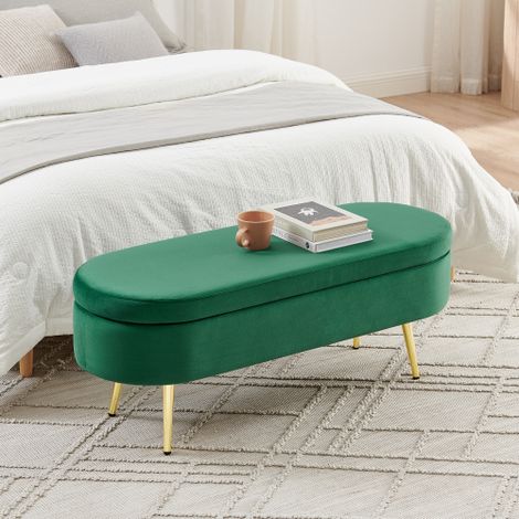 Banc de rangement ovale, en velours, avec un espace de rangement 20 L et couvercle hydraulique, pieds en métal doré, vert foncé (1/5)