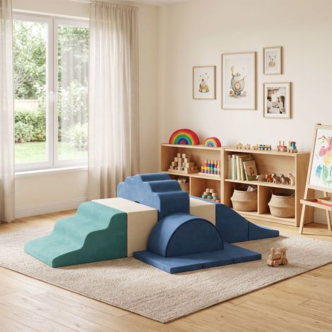 Parcours motricité bébé 7PCS, module en mousse avec housse en velours et base antidérapante, bleu (1/5)