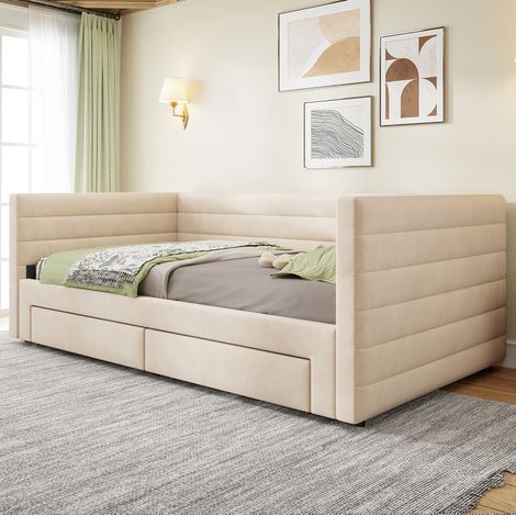Letto divano estraibile 90x190 cm beige in cotone e lino con 2 cassetti, trasformabile in 180x190 cm (1/5)