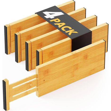 Lot de 4 séparateurs de tiroir en bambou pour commode, 11,8 cm de haut, réglables de 31,8 à 43,2 cm, organiseurs de tiroir extensibles pour vêtements, commodes, naturel (1/5)