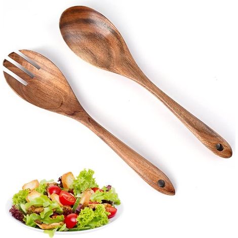 Ensemble de 2 couverts à salade - couverts à salade - couverts à salade en bois - couverts en bois originaux - 26 × 6,7 cm - Marron - Bois marron (1/5)
