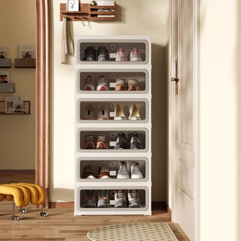 Meuble à Chaussures 45x34.5x105.5cm Organisateur Pliable 6 Niveaux Gain de Place Pratique Plastique pour Entrée - Blanc (1/5)
