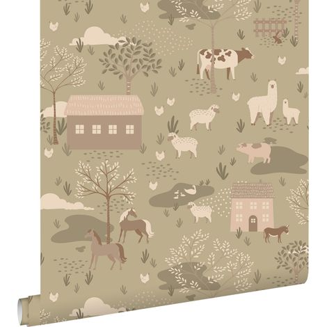 papier peint les animaux de la ferme vert grisé  - ESTAhome (1/5)