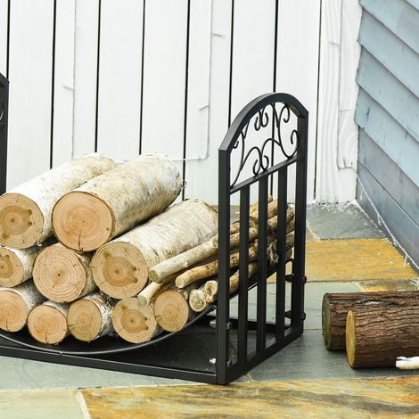 Lot de 1 étagère courbe métallique pour bois, usage intérieur/extérieur, charge max 60kg, dimensions 60,5x36x46,5cm, teinte noire (1/5)