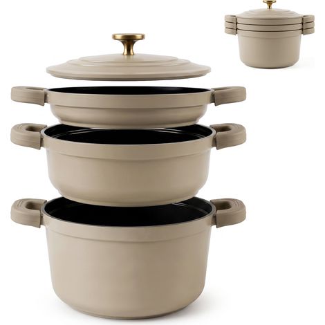 Briebe KB1208CM Batterie Cuisine Induction Empilable, Antiadhésif Céramique sans PFOA, 4 Pièces Crème (1/5)